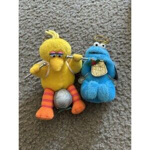 Vintage 1998 Sesame Street Cookie Monster & Big Bird Plush Ornament Angel Wings